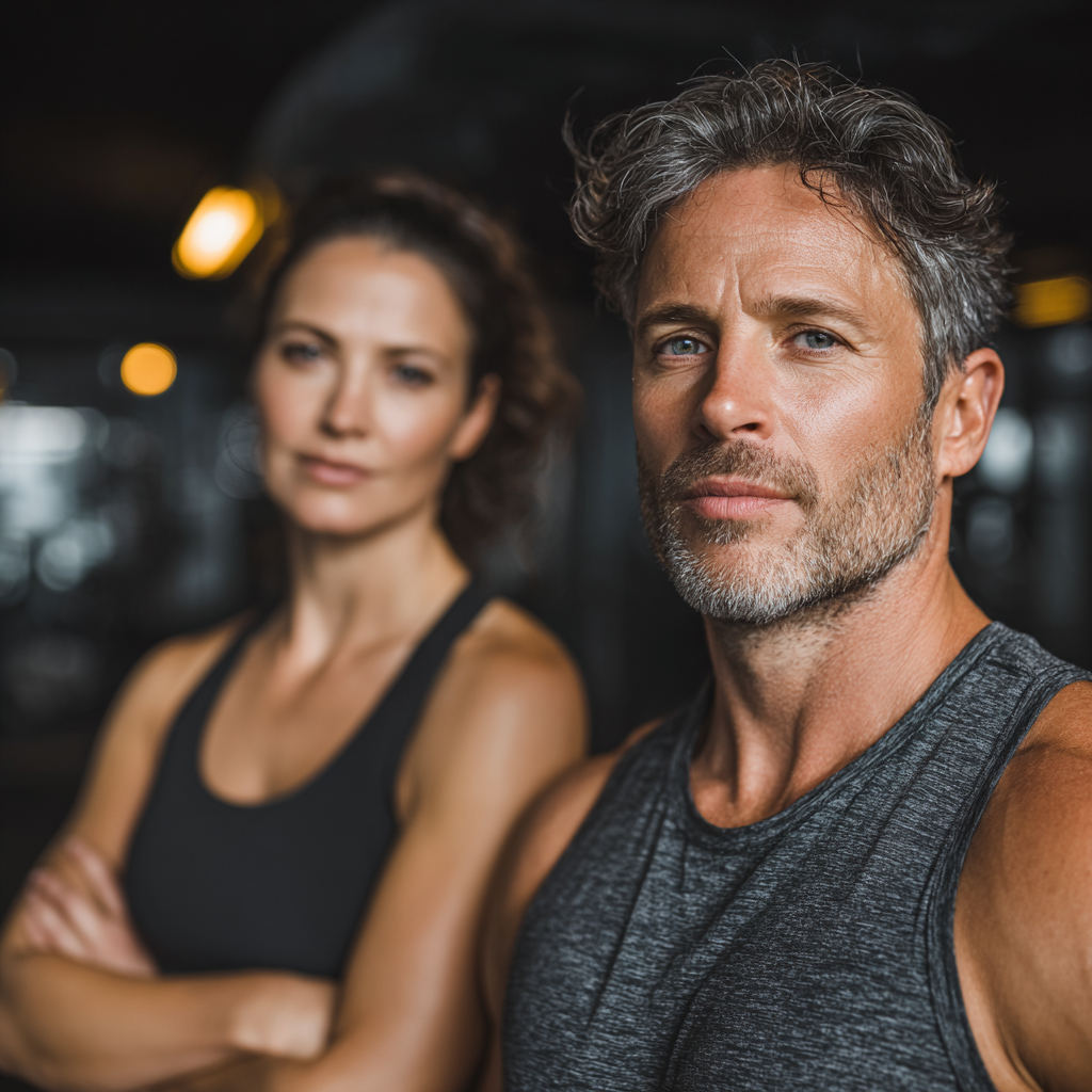 Confident middle-aged man and woman in their 40s exercising together in a modern gym, showing determination and focus during their fitness routine