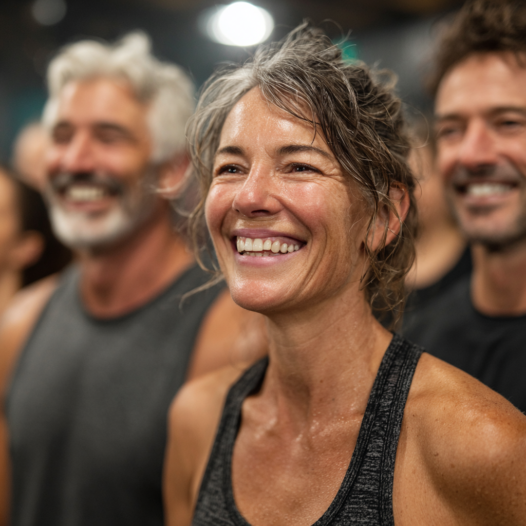 Happy and energetic group of people in their 40s and 50s celebrating after completing a workout session, showing joy and accomplishment