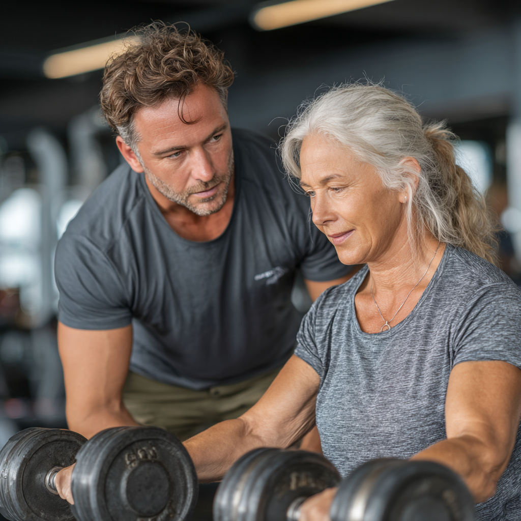 Professional fitness trainer working with a mature woman in her 50s, providing personalized guidance and support during a strength training session
